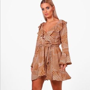 Brown/White Striped Ruffle Wrap Dress